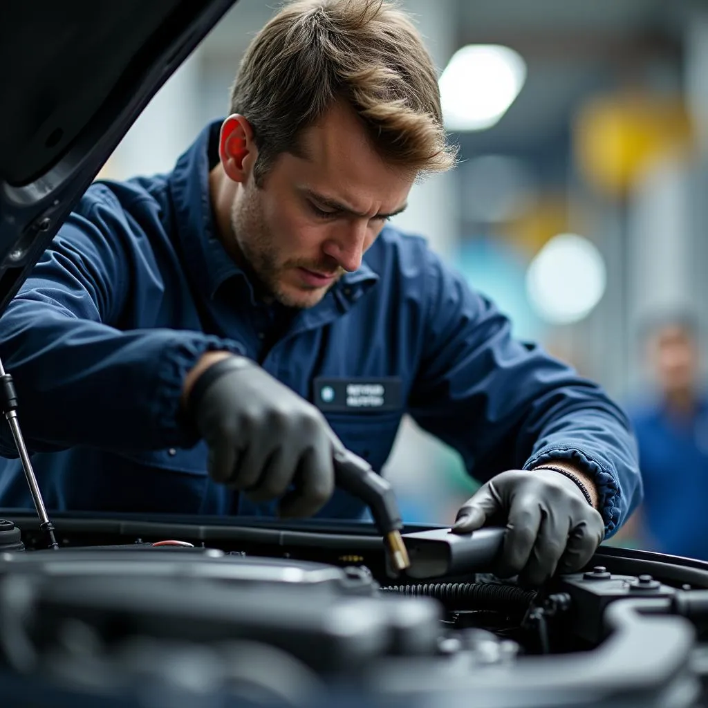 BMW Mechanic Inspecting Car Engine