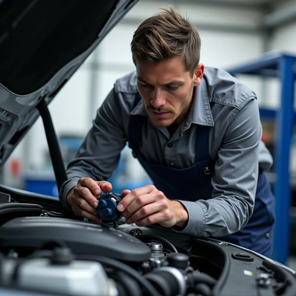 BMW Mechanic Inspecting Engine