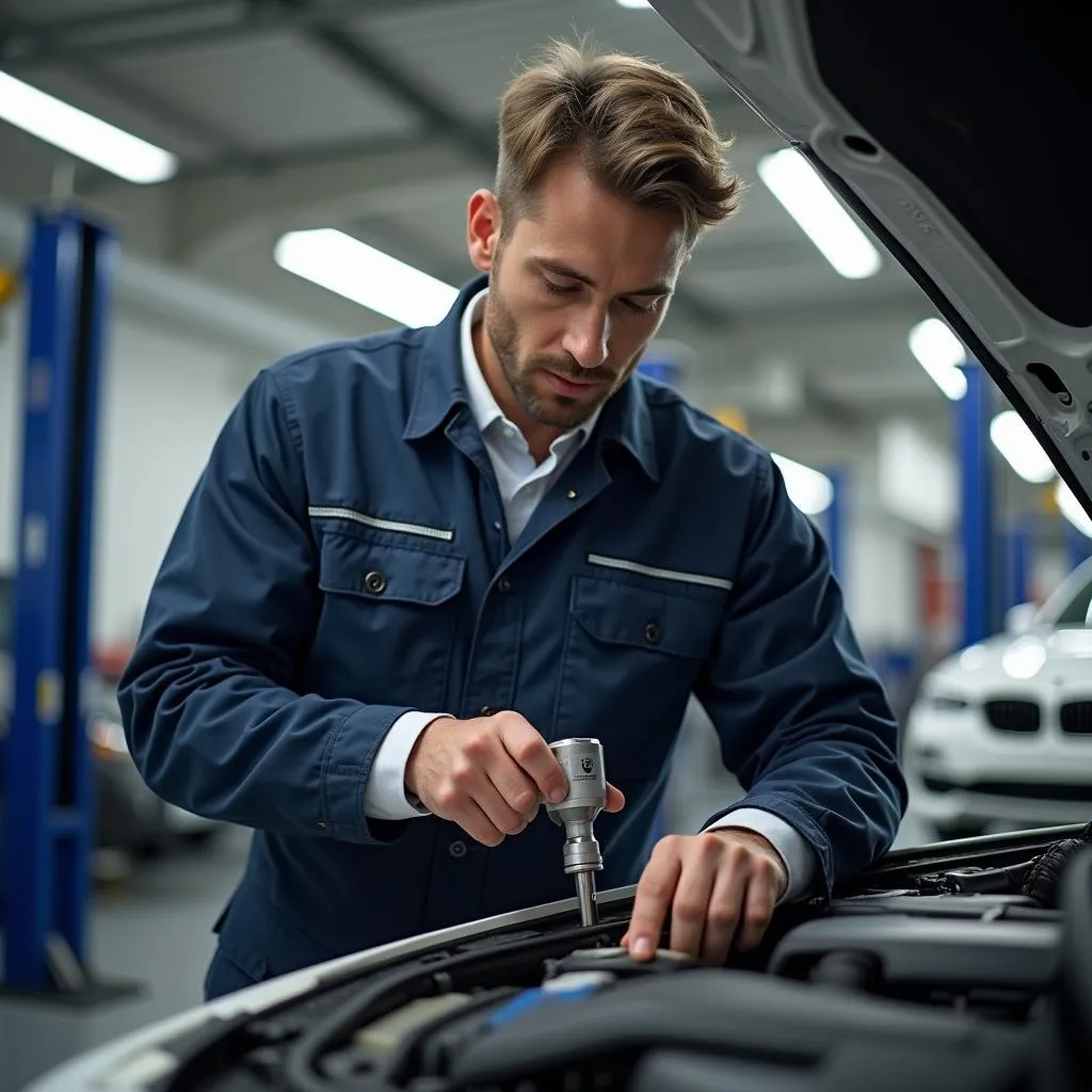 BMW Mechanic Inspecting Engine