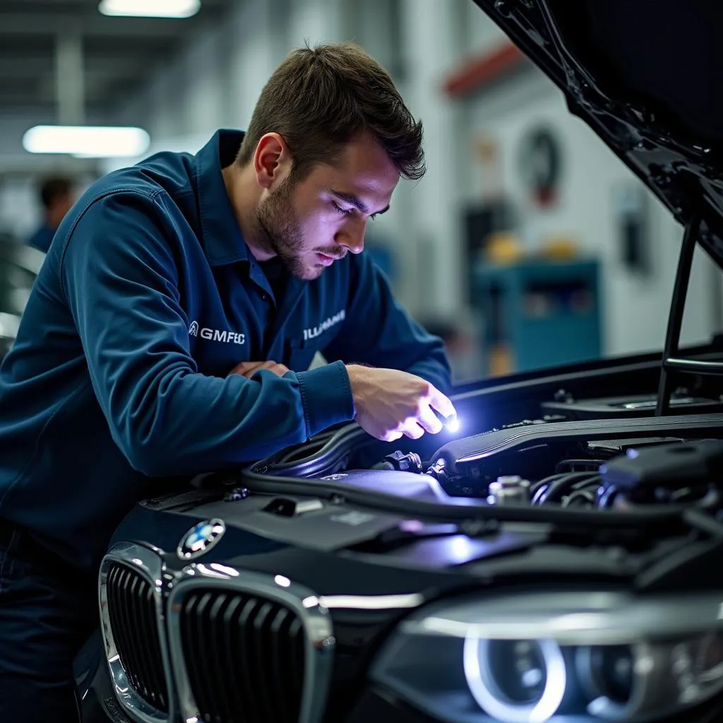 BMW mechanic inspecting engine