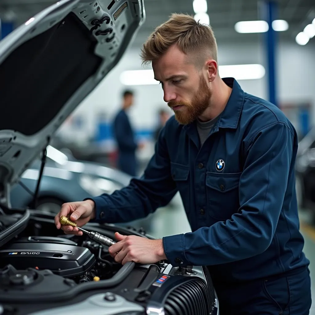 BMW Mechanic Inspecting Car Engine in Service Bay