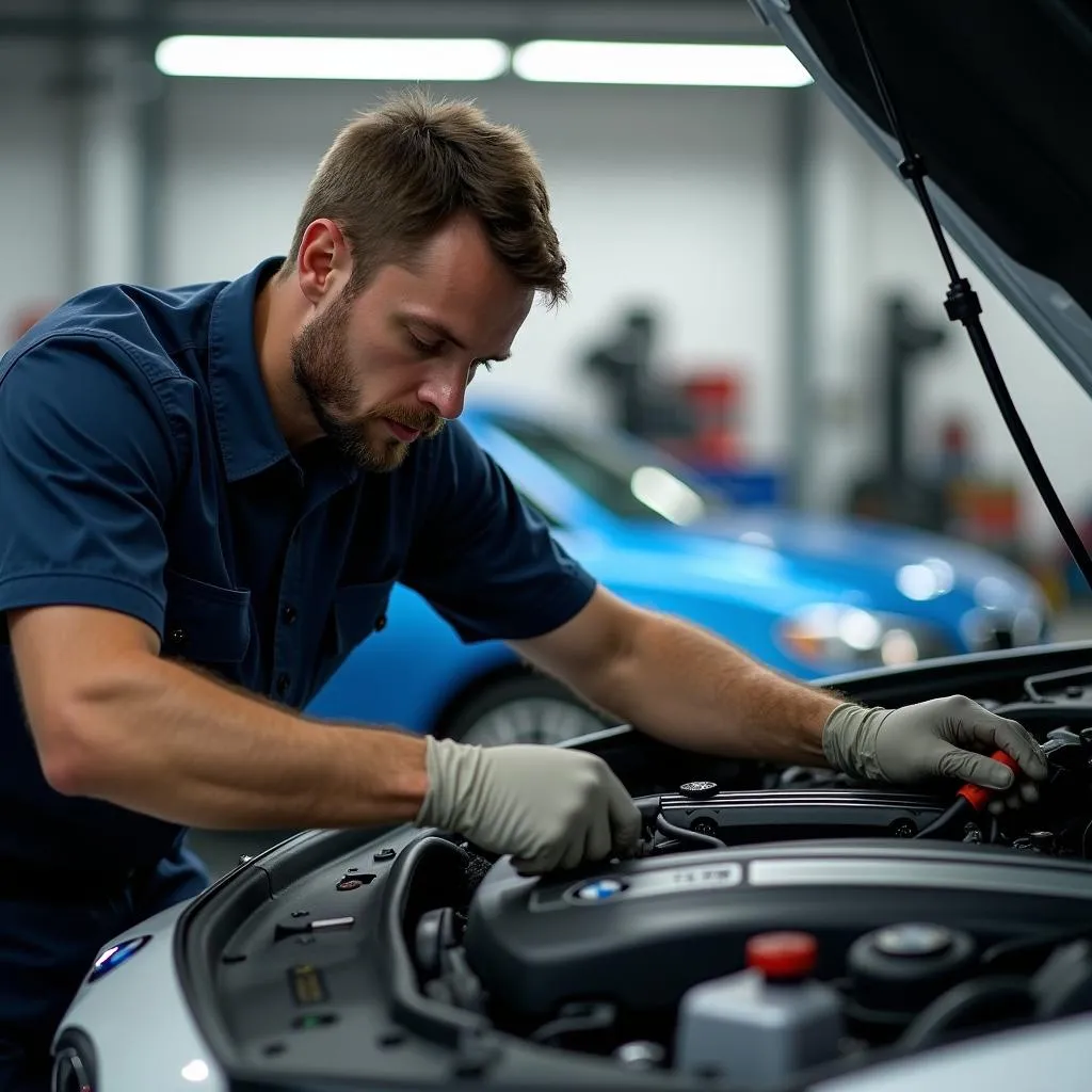 BMW Mechanic Inspecting Engine in Chantilly Garage