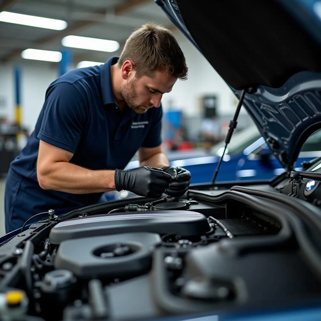 BMW Mechanic Inspecting Engine in DeLand Shop