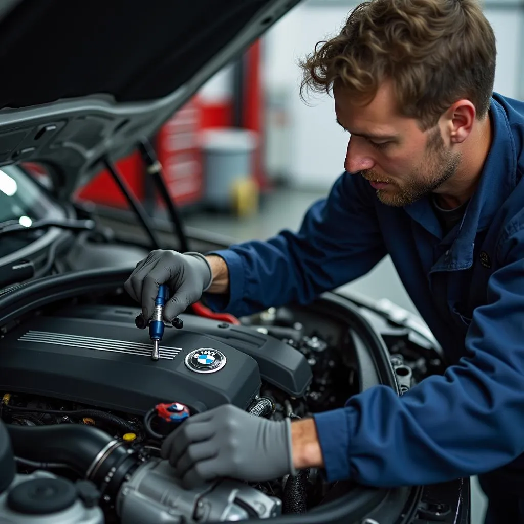 Experienced BMW Mechanic Performing Engine Inspection in Denver Auto Shop