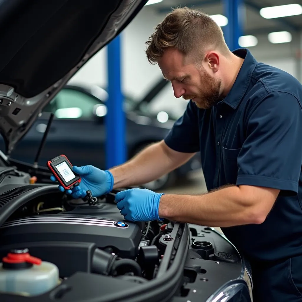 BMW mechanic inspecting engine in Rochester MI