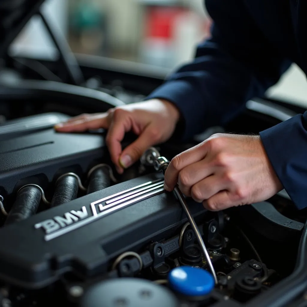 BMW Mechanic in Santa Fe Working on an Engine