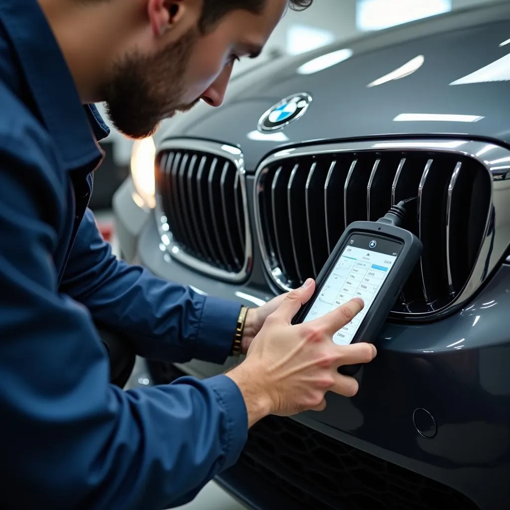 BMW Mechanic Using Diagnostic Tool on Cheshire Bridge Rd