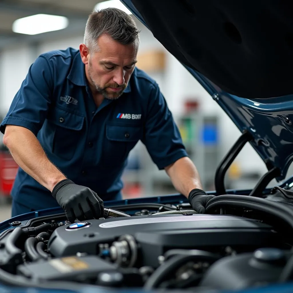 BMW Mechanic Working on Engine