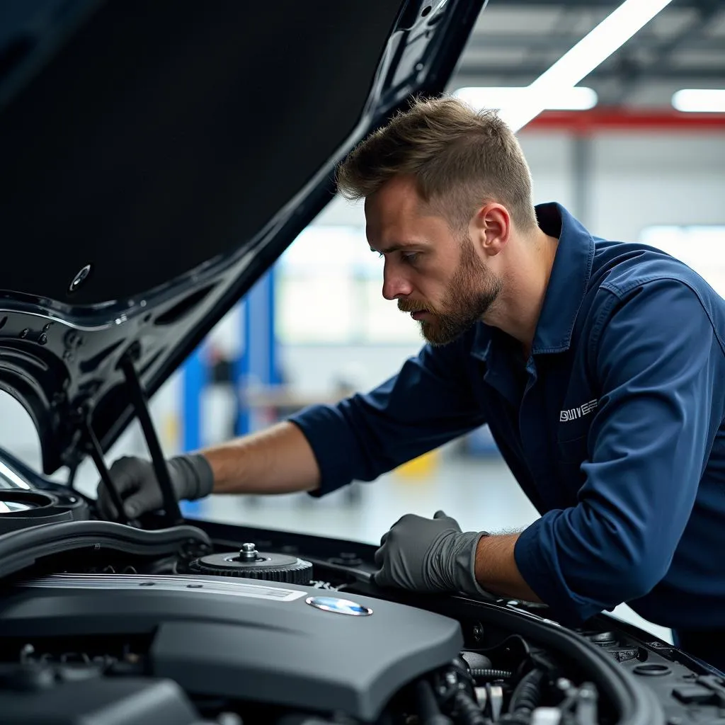 BMW Service Technician Inspecting Engine