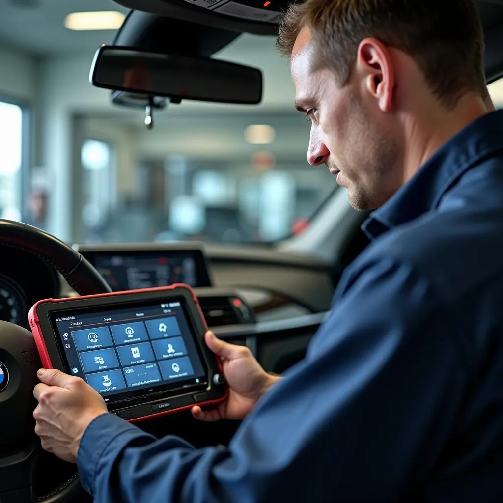 BMW Technician Diagnosing Car