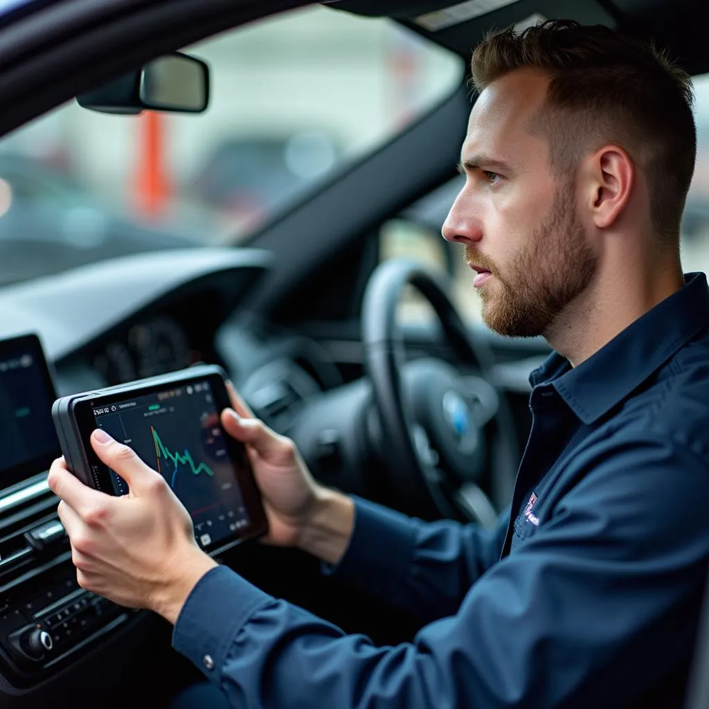 BMW Technician Using Diagnostic Equipment