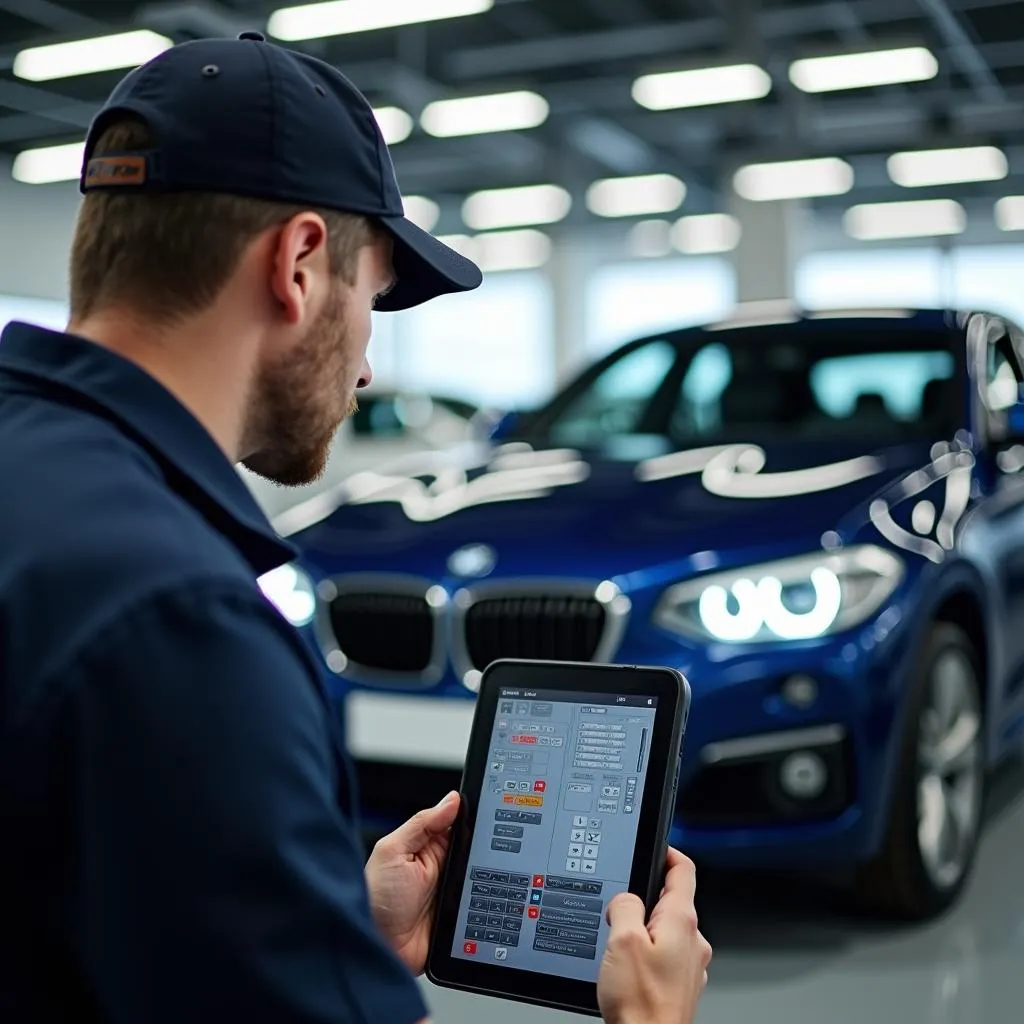 BMW Technician Diagnosing Car