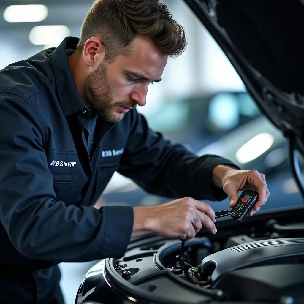 BMW Technician Inspecting Car Engine