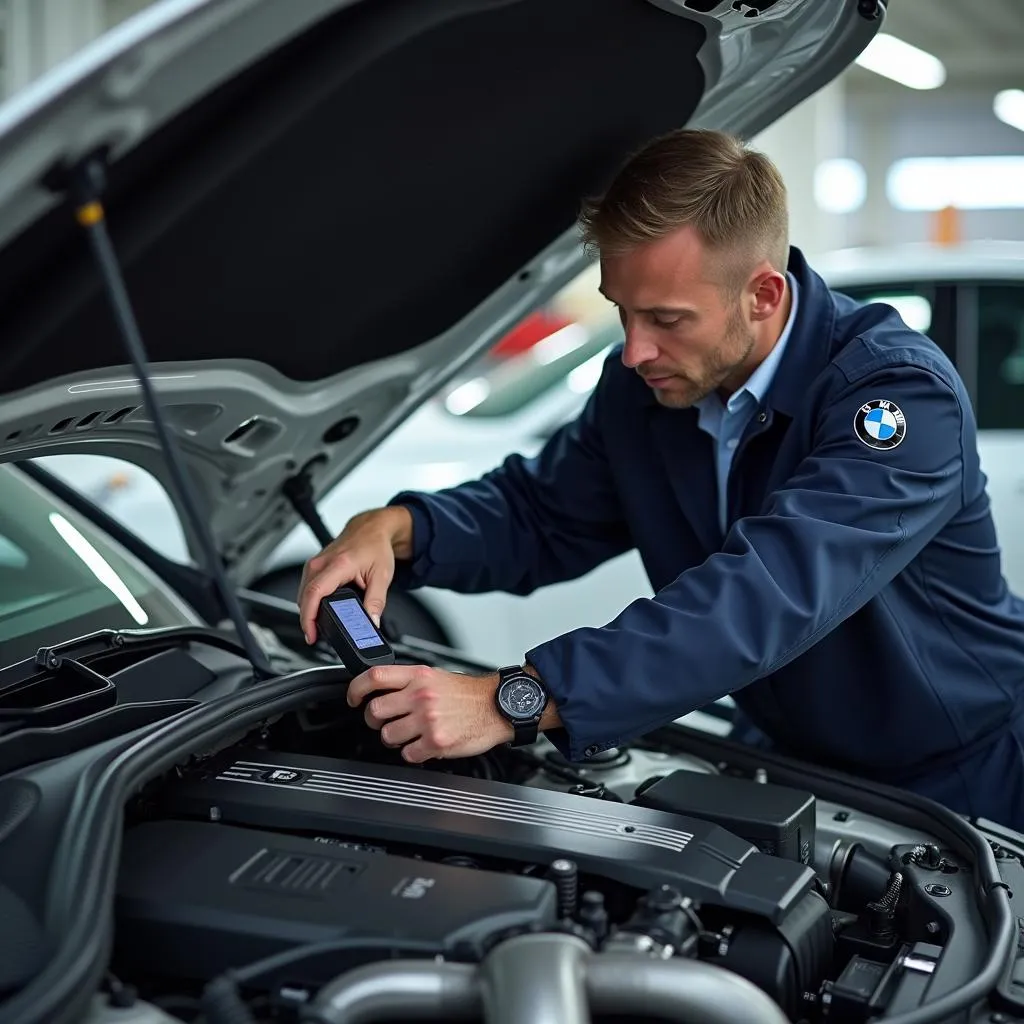 BMW Technician Inspecting Engine