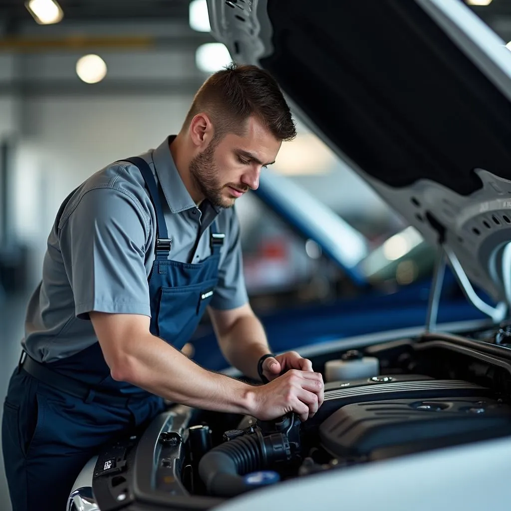 BMW technician inspecting engine in a modern workshop