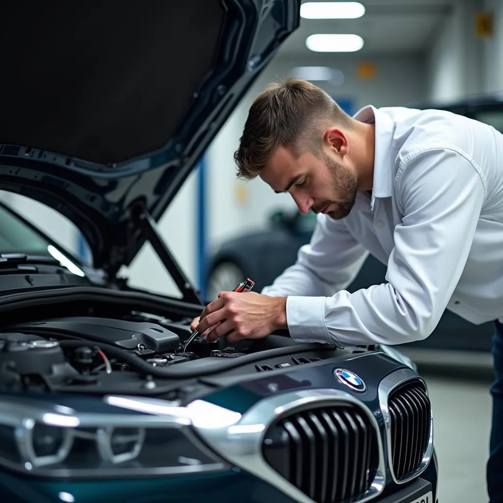 BMW Technician Inspecting Engine