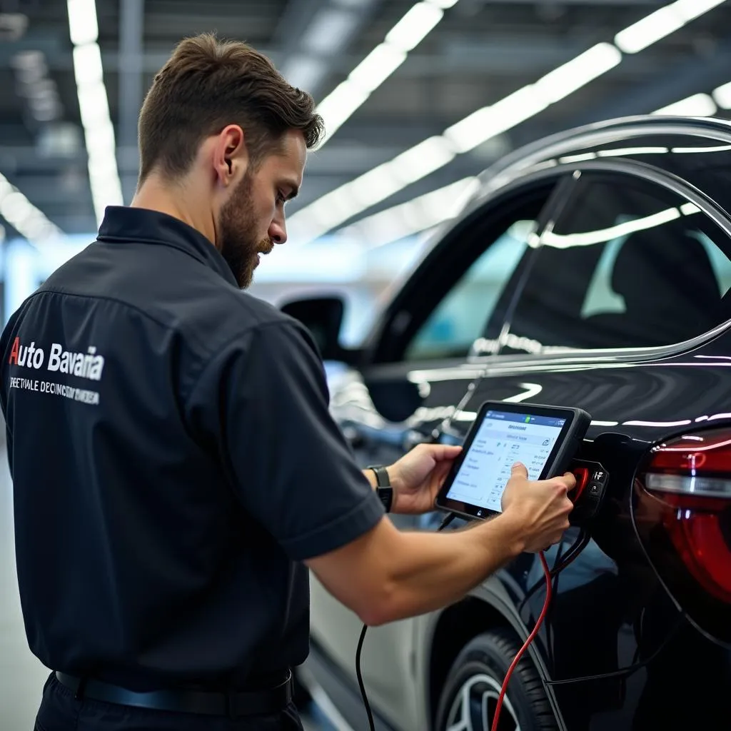 BMW technician using advanced diagnostic tools on a car