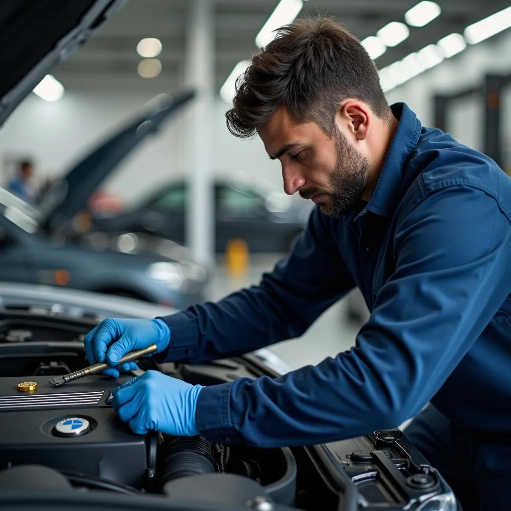 BMW Technician Performing Engine Diagnostics