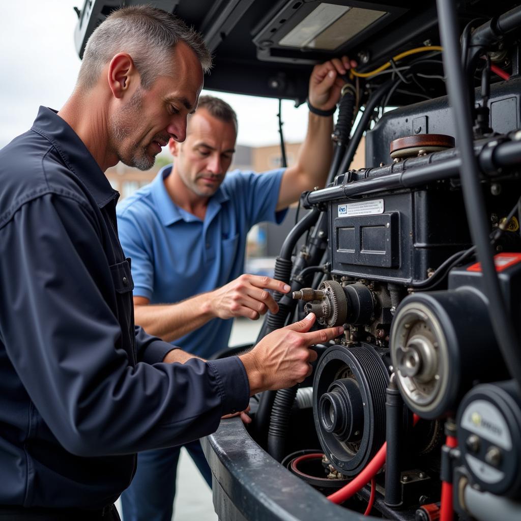 Boat owner discussing engine issues with a mechanic