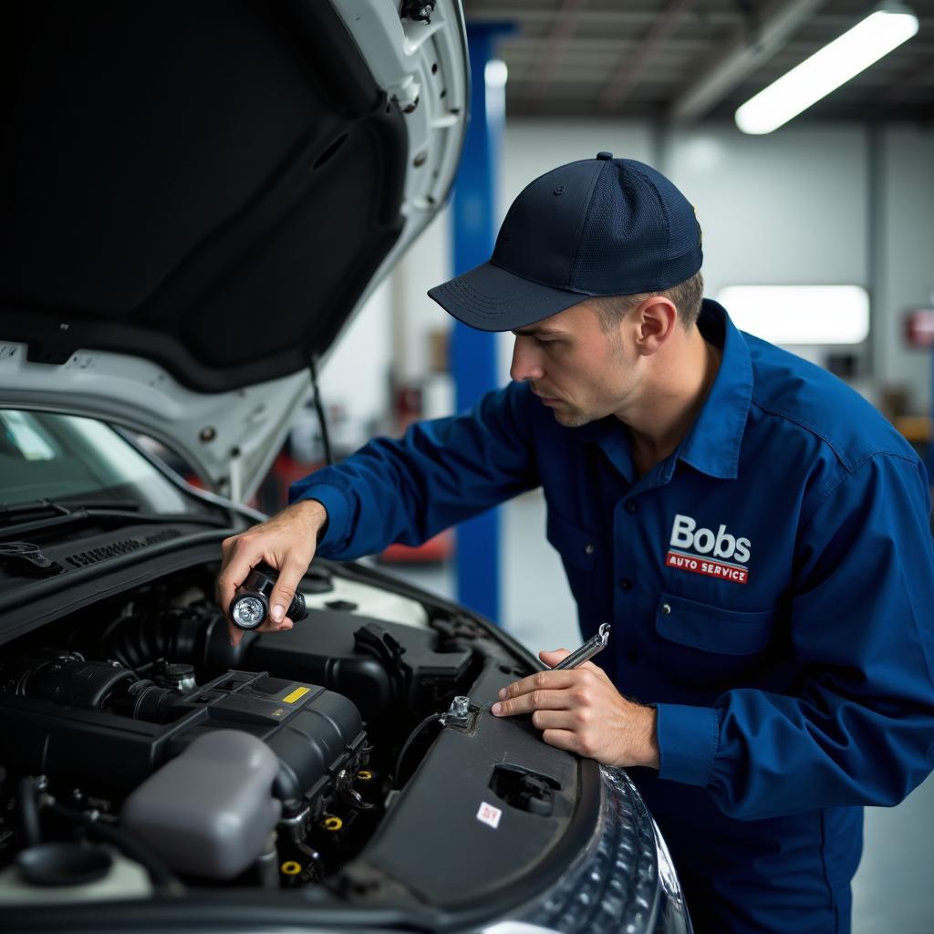 Mechanic inspecting a car at Bobs Auto Service