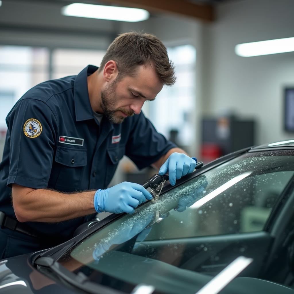 A certified technician inspecting a car windshield at an auto glass repair shop in Boston.