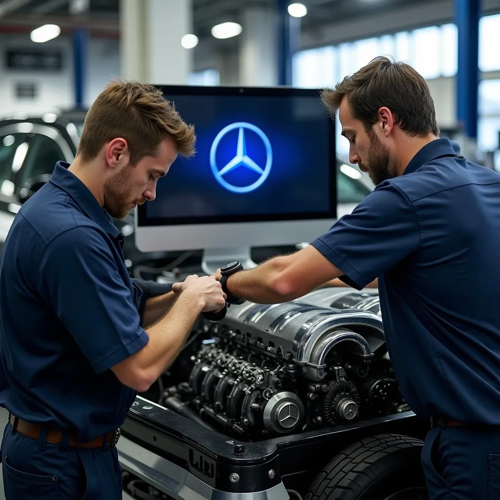 Mechanics working on a Mercedes-Benz engine in a modern auto shop, with a Facebook logo overlayed on a nearby computer screen.