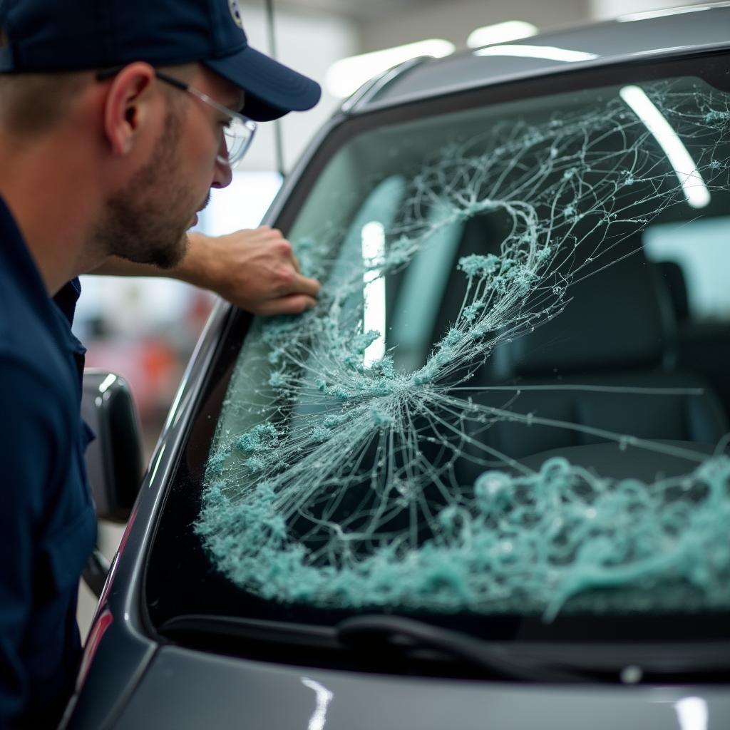 Technician replacing a windshield