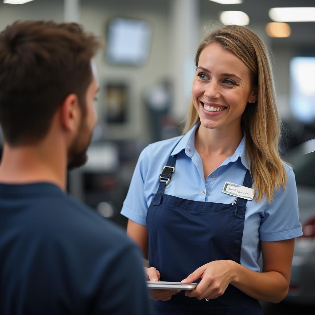 Friendly customer service representative assisting a customer