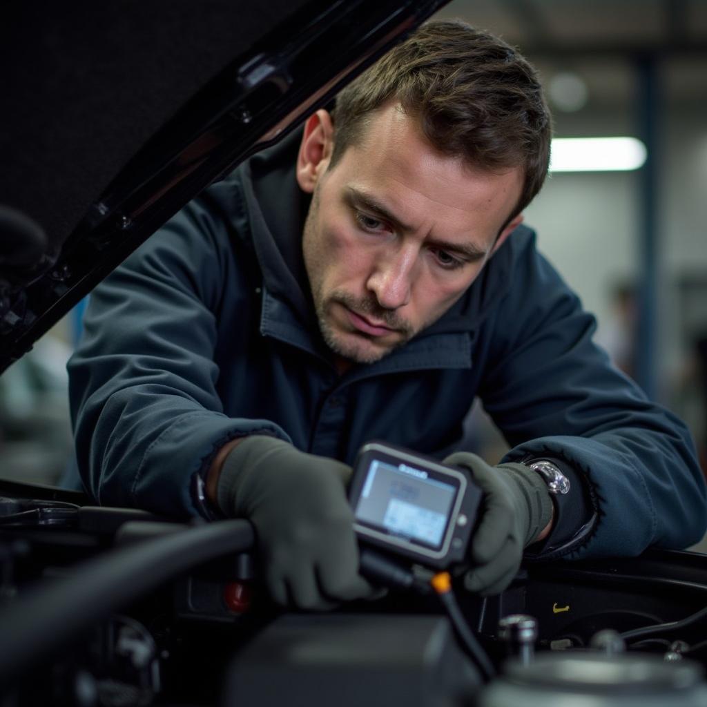 Experienced technician performing a car inspection