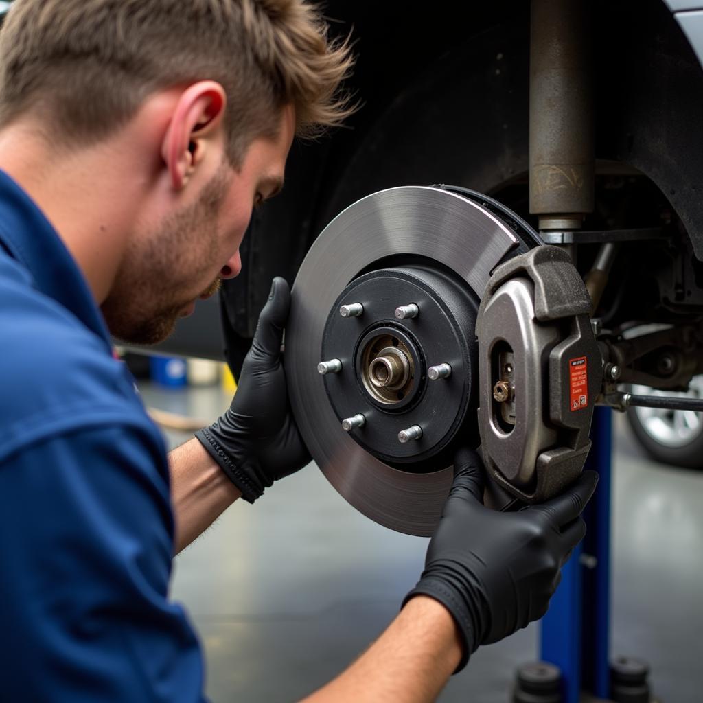 Close-up of a mechanic inspecting car brakes