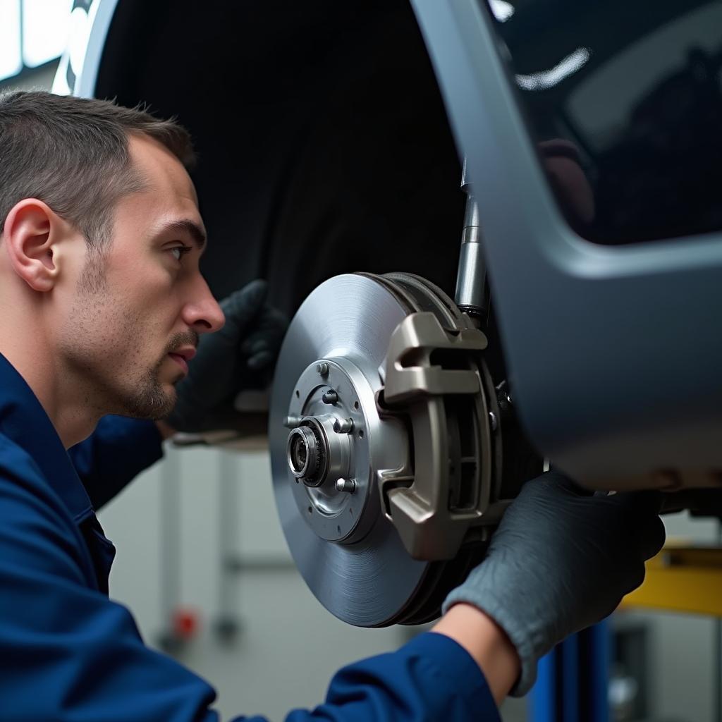 Close-Up Inspection of Car Brakes in Jarrell Auto Service Center