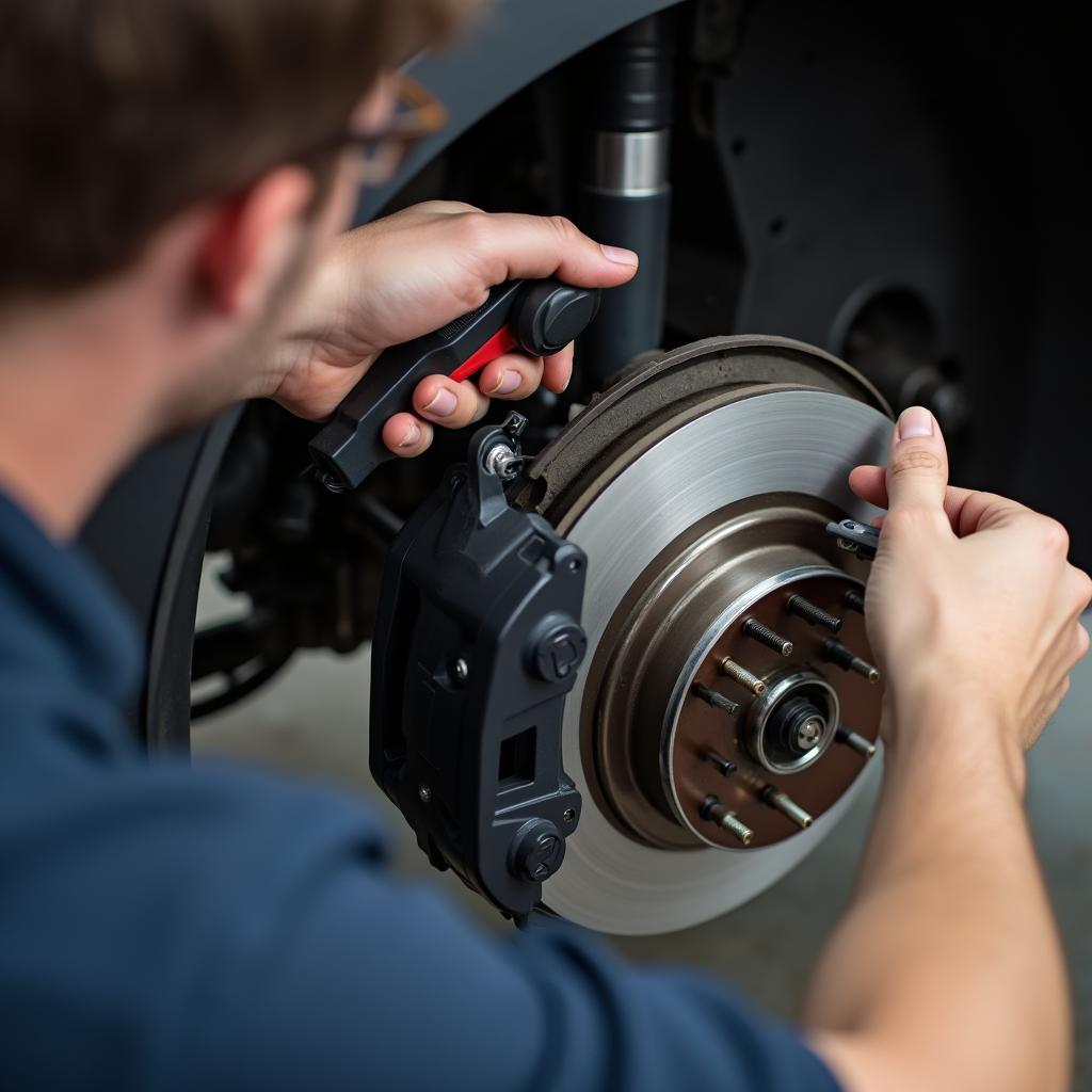 Mechanic inspecting brakes for safety