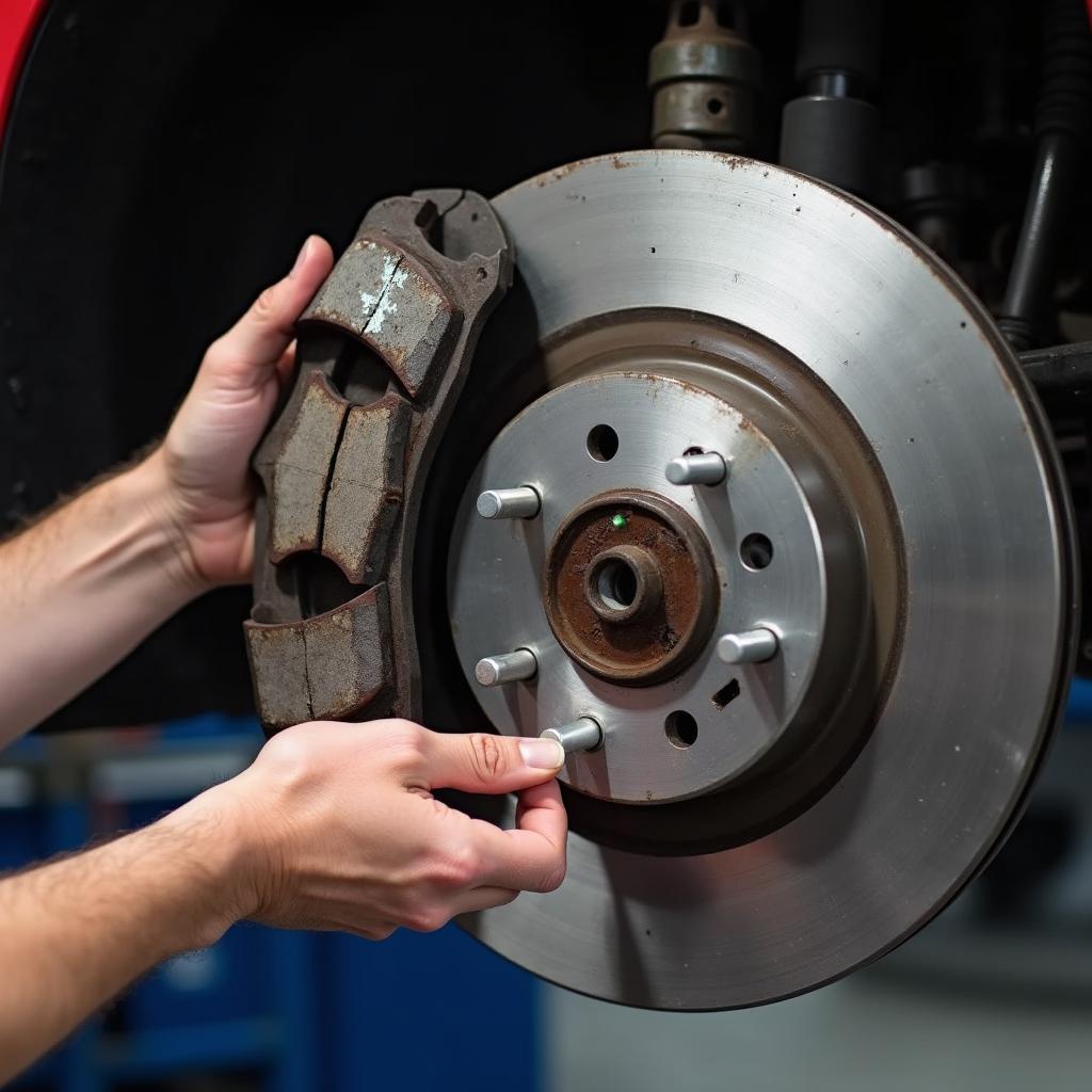 Close up of brake pads and rotors during inspection