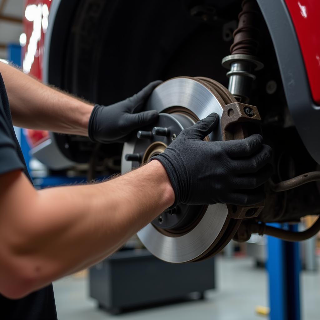 Close-up of a mechanic inspecting brake system in York, PA