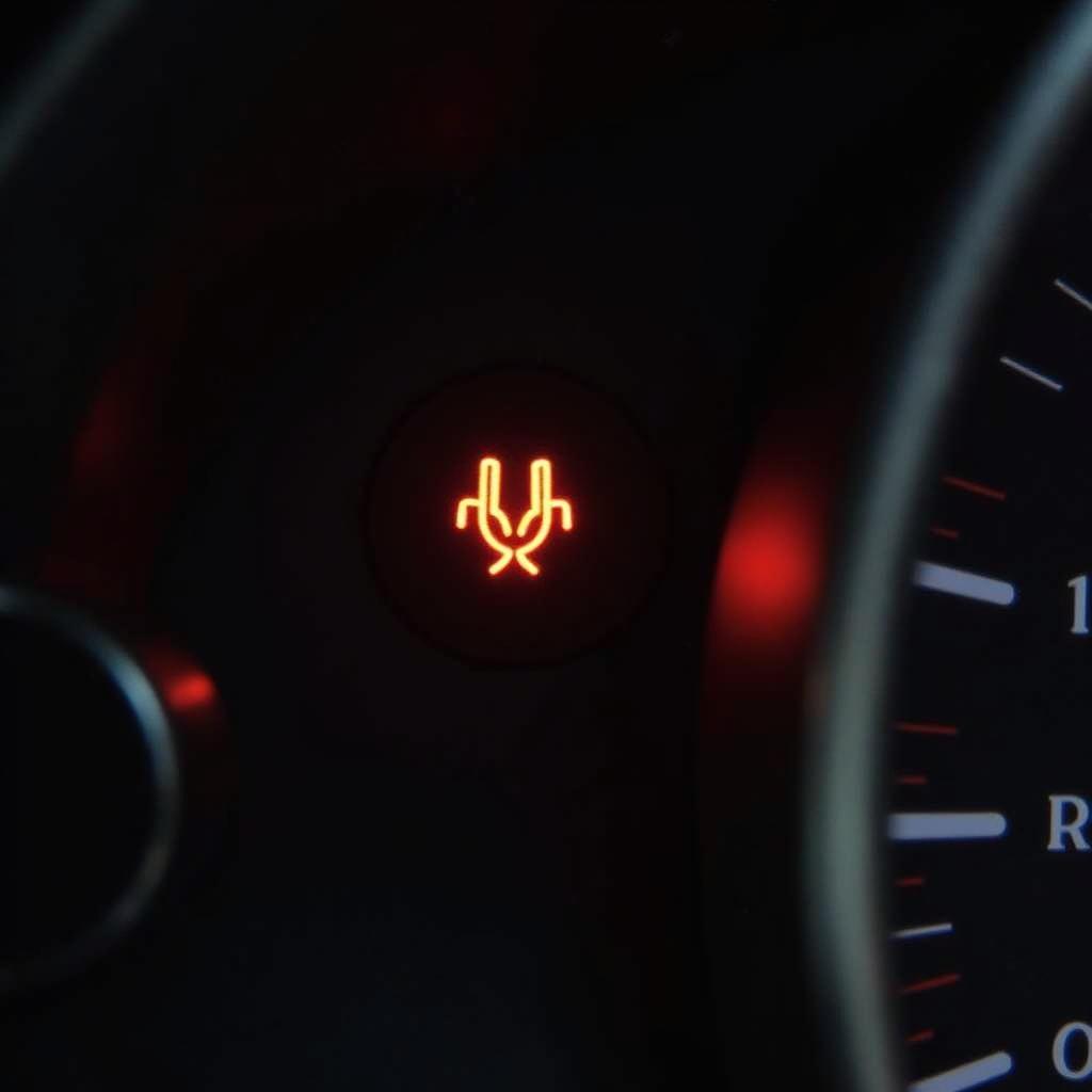 Car dashboard with illuminated brake warning light