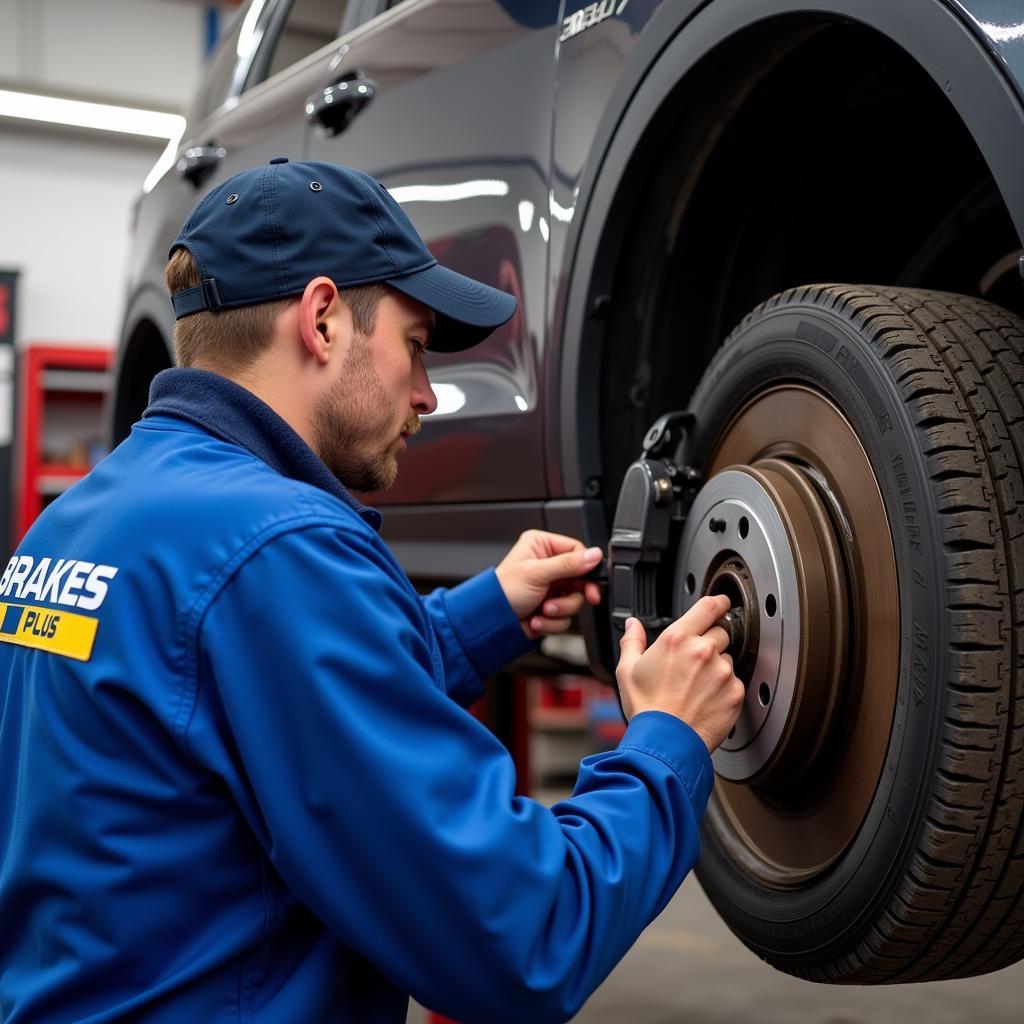 Experienced technician inspecting a vehicle at Brakes Plus