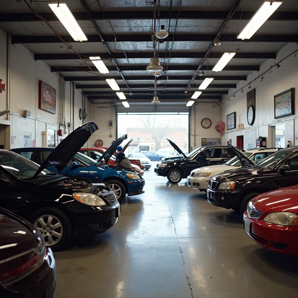 Busy auto service shop on Broadway Hicksville with various cars being serviced