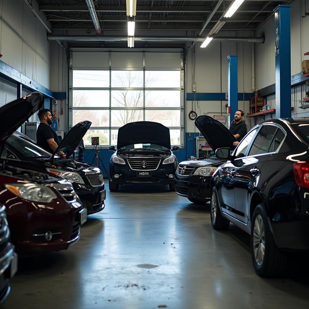 A bustling auto repair shop in Burke, VA with mechanics working on cars.