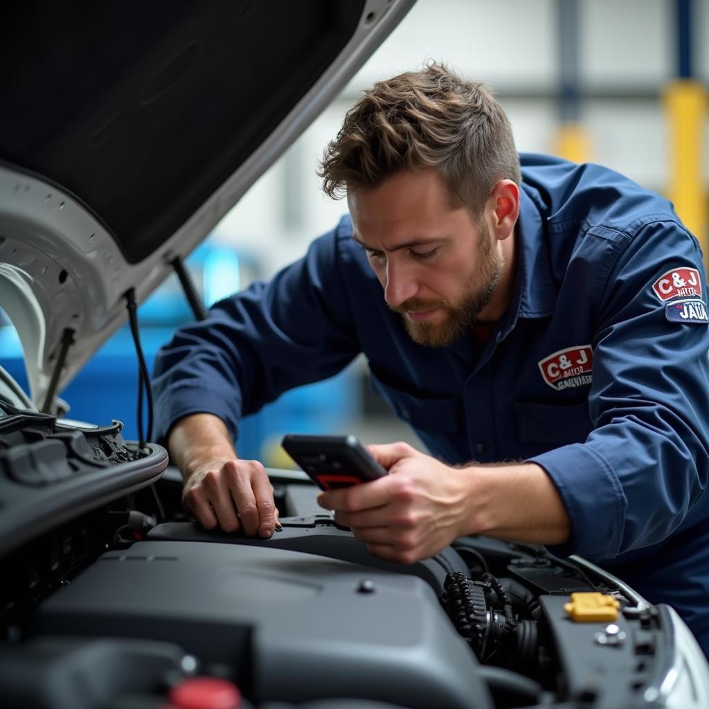 Skilled technician diagnosing a car problem using advanced diagnostic equipment