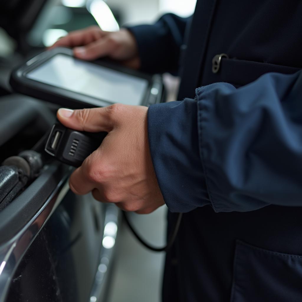 Mechanic performing engine diagnostics using a scan tool