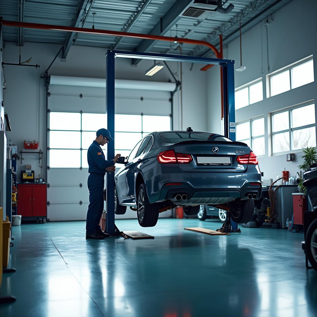 Modern auto service garage with a car on a lift