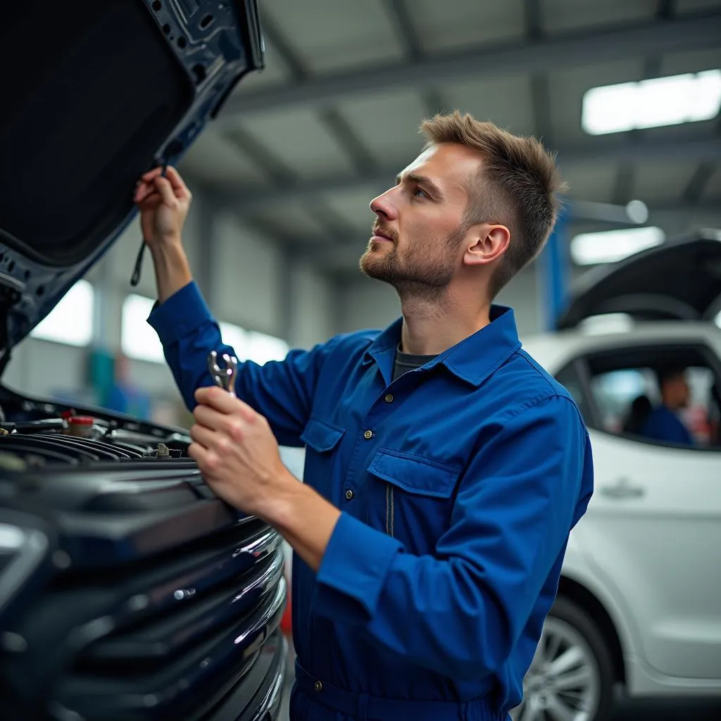 Mechanic working on a car in a repair shop