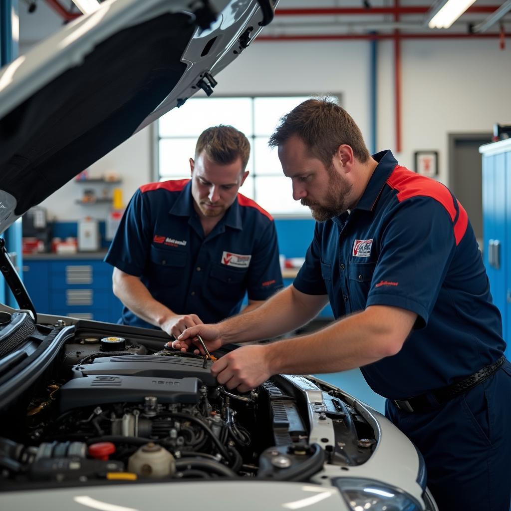 Experienced technicians working on a car engine