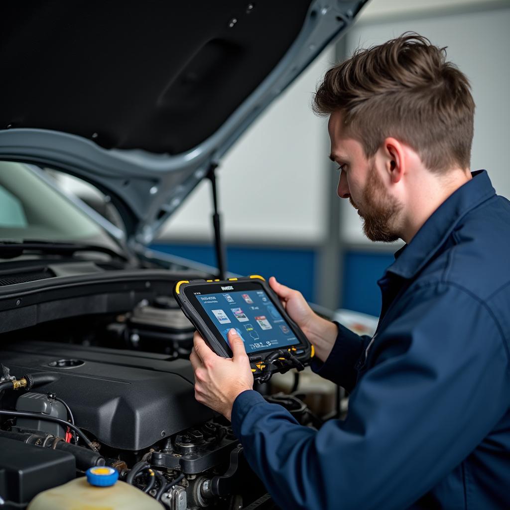 Mechanic using a diagnostic tool on a car engine