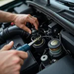 Mechanic inspecting car air conditioning system