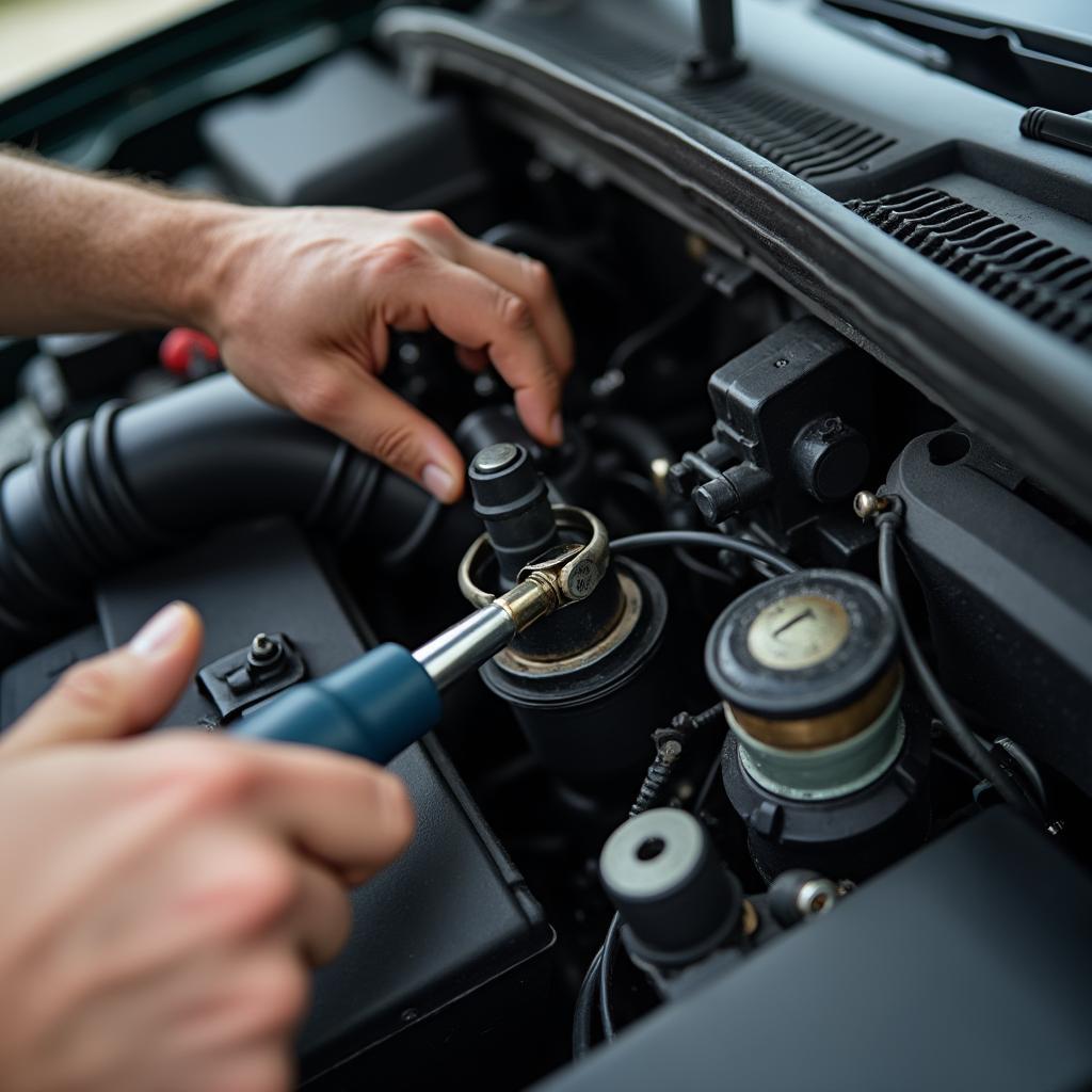 Mechanic inspecting car air conditioning system