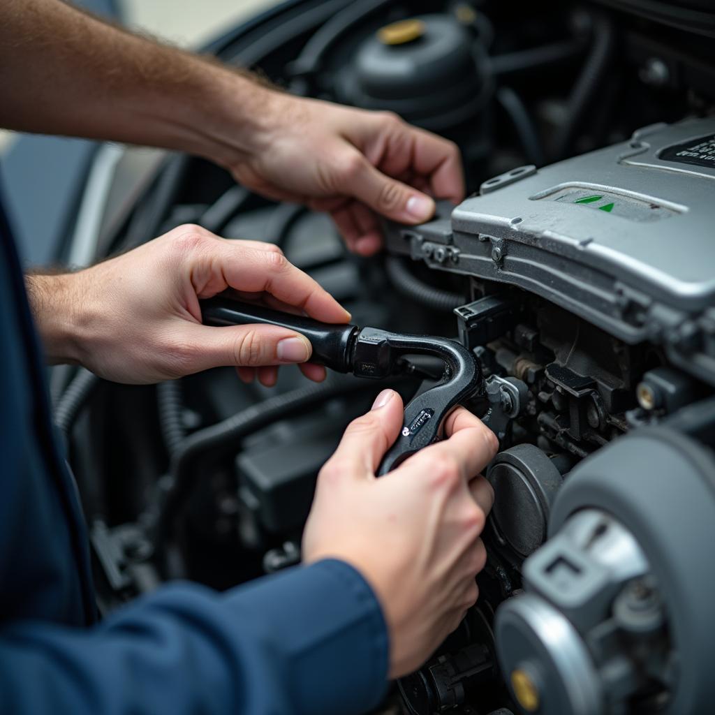  Close-up of a mechanic's hands inspecting a car's air conditioning system in 96701