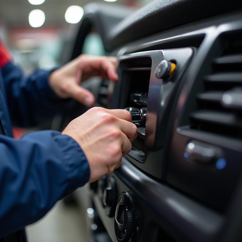 Technician repairing a car's AC system in Canoga Park