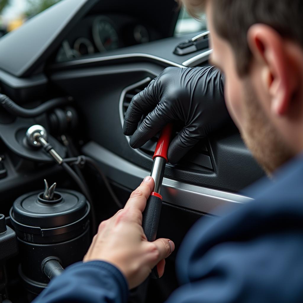 Mechanic repairing car air conditioning system in Howell, MI