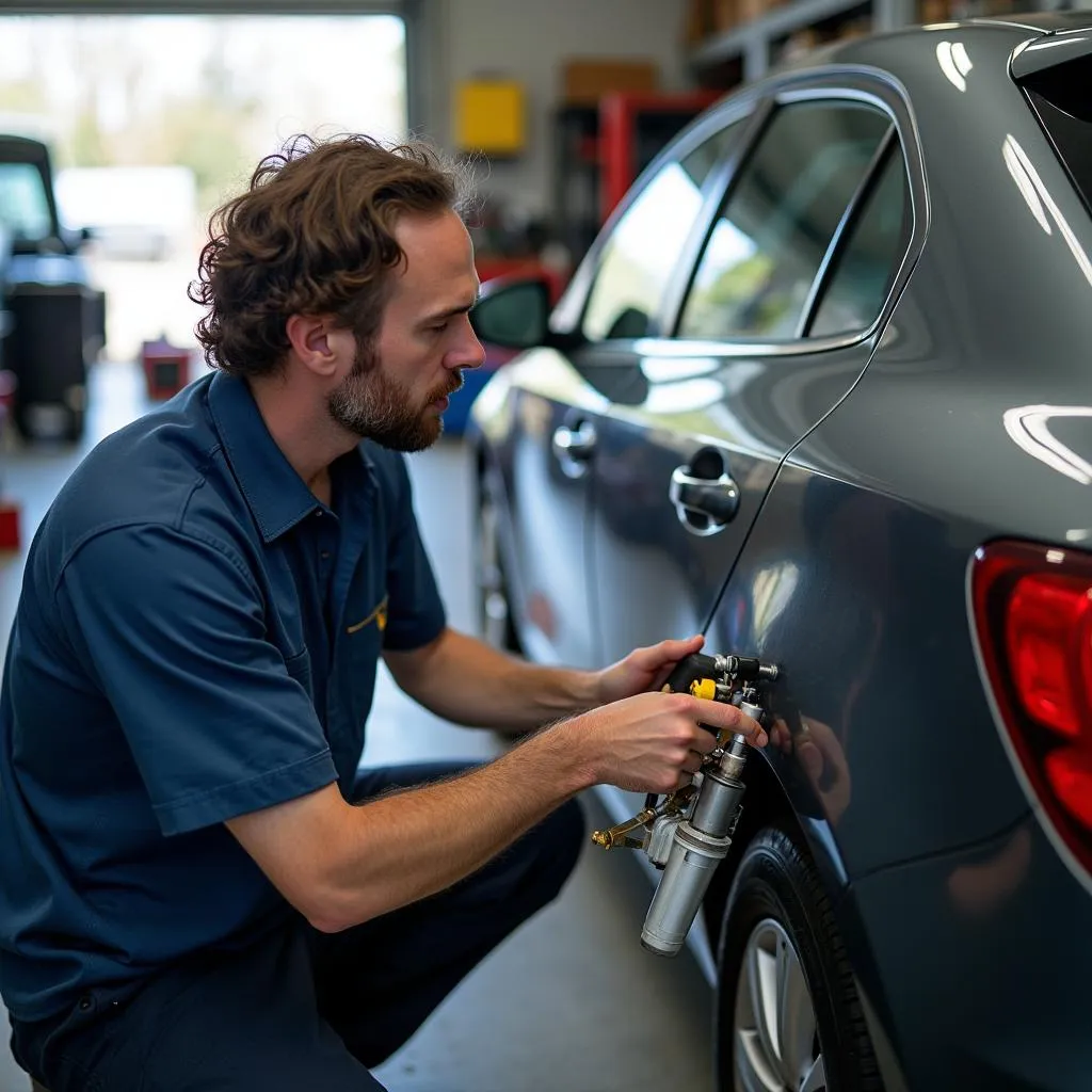 Mechanic servicing a car's air conditioning system